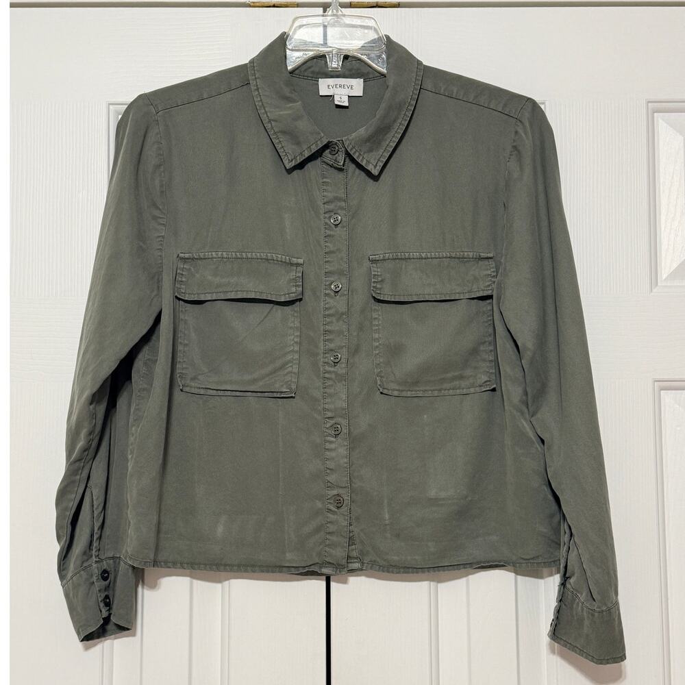Evereve Lyocell Cropped Long Sleeve Button Down Blouse, Green, Size S